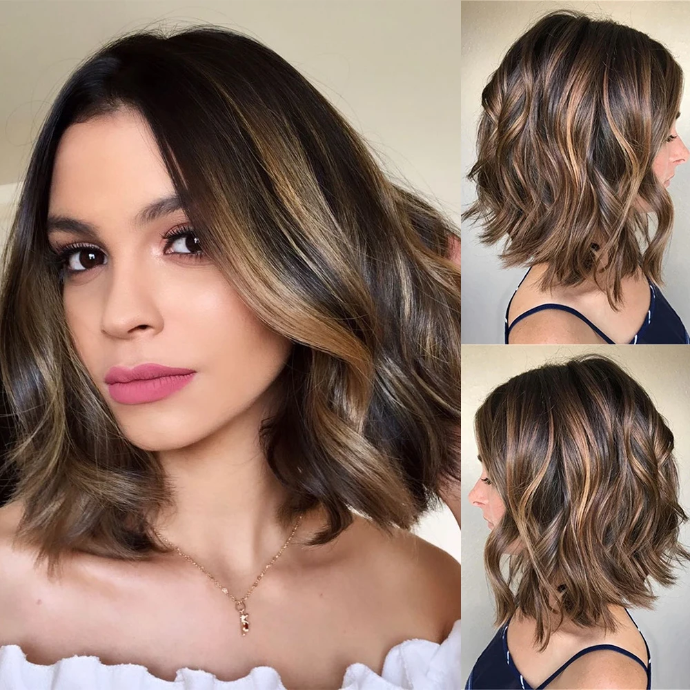2026 Summer Best Brunette Bob Wig Caramel Highlights Glueless Lace Front Wig 12inch Short Wavy Haircuts and Hairstyles for Women
