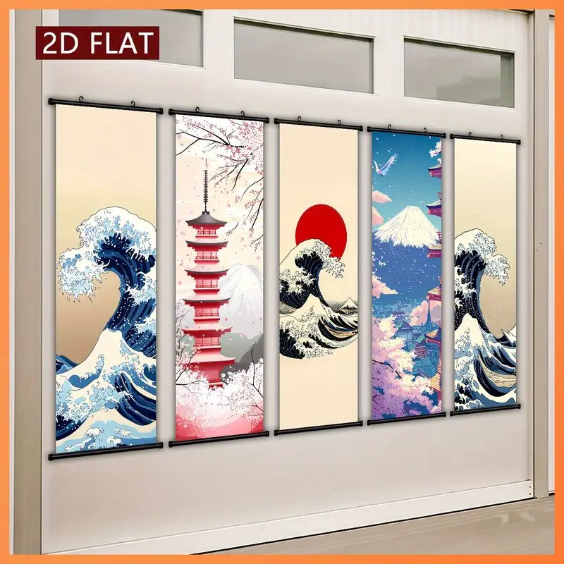 VIKAMA Japanese Temple Pagoda Hanging Scroll Set Cherry Blossom Poster Vertical Wall Art for Living Room Bedroom Decor Gift