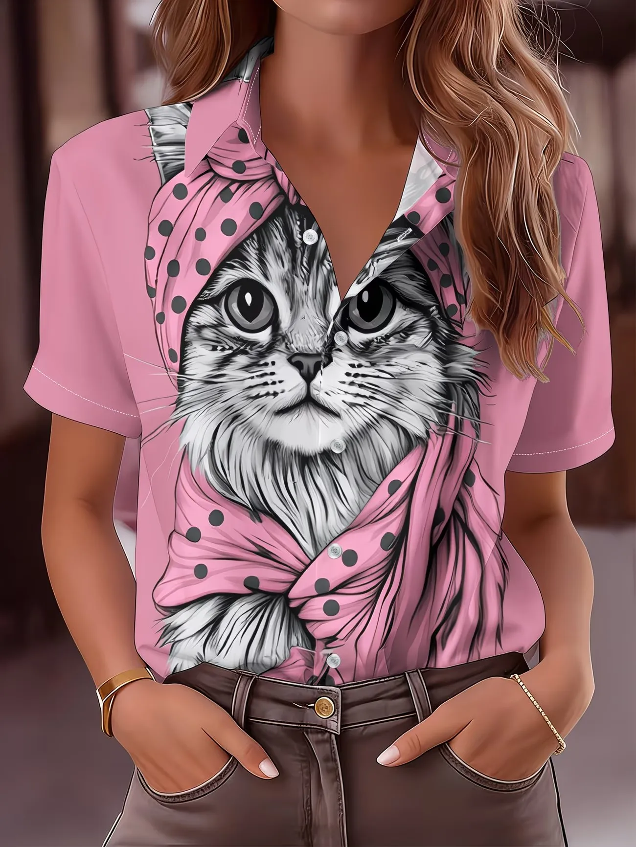 Ladies Summer Short Sleeve Shirt 3D Cute Animal Print Casual Collared Button-Up Beach Leisure Vacation Style Shirt