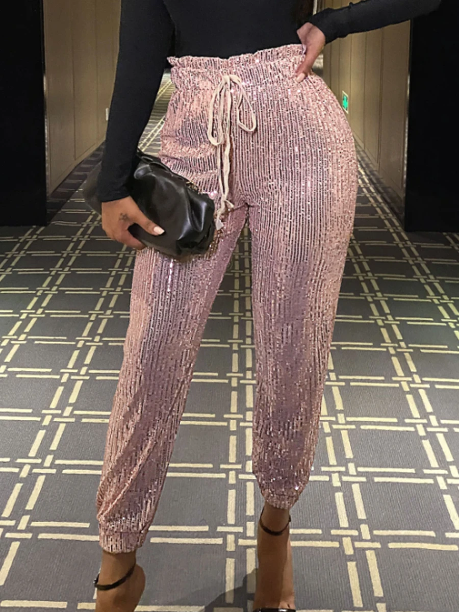 Glitter Sequin Drawstring Trousers Casual Party Wear for Women