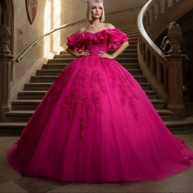 

Rose Red Shiny Quinceanera Dresses Off The Shoulder Applique Lace Beading Tull Party Birthday Sweet 16 Dress Vestidos 15 De Anos