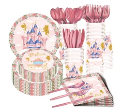 Princess Pink Castle Theme Birthday Party Disposable Tableware Set Paper Plate Paper Napkin Happy Birthday Party Decor Kids Girl