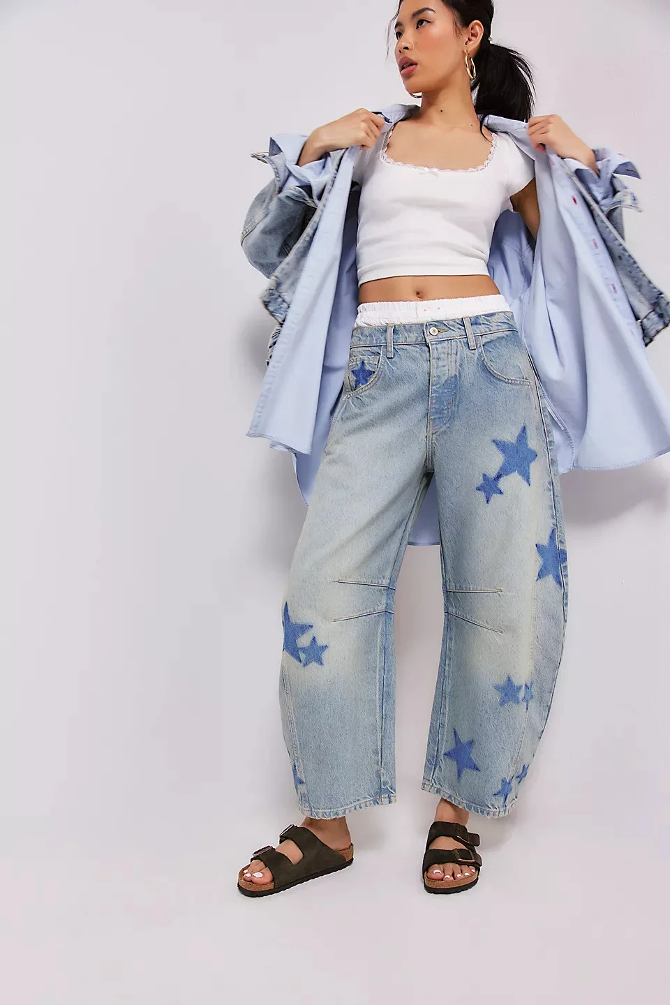 Jeans Women Print Long Pants Casual Loose Denim Blue Mom Heart Mid Waist Wide Leg Pant Trousers Pocket Button Y2k Splice 2024