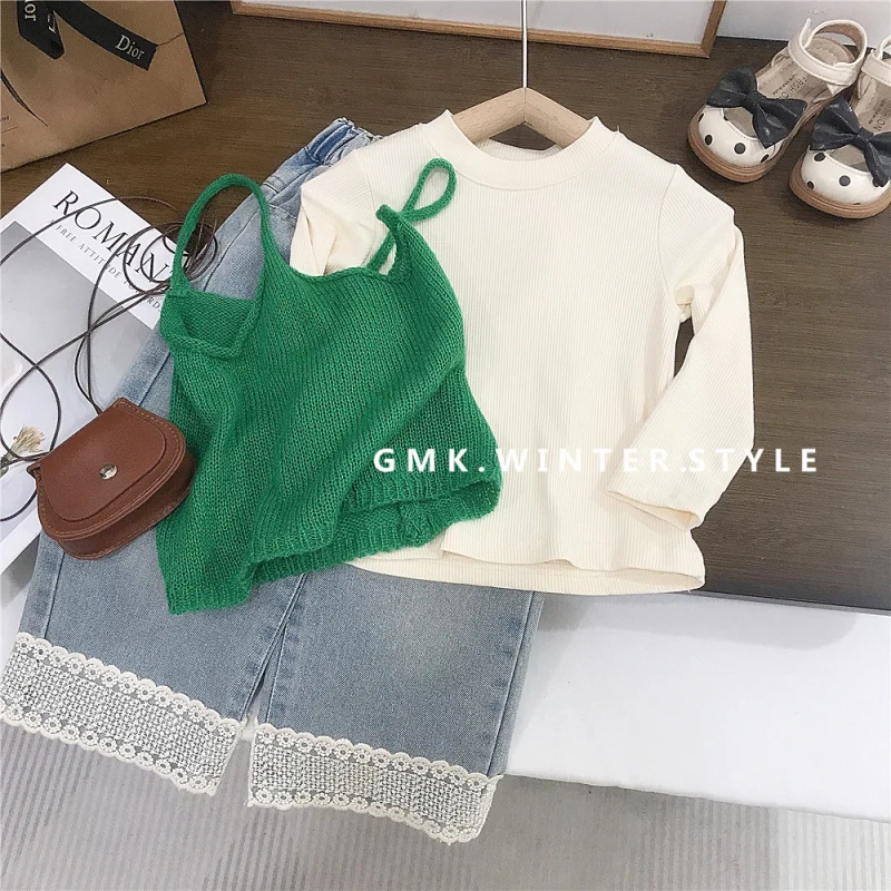 Girls' Layered Knitted Camisole Korean Style Sweater Children's Ribbed Base Shirt Baby Lace Jeans Trendy