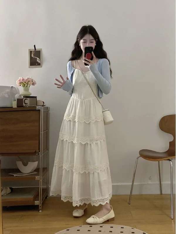 

plus Size Lace Trimmed Princess Cake Skirt Dress Blue Knitted Open Cardigan Two Piece Set Women's Clothing Sweet Style High W...