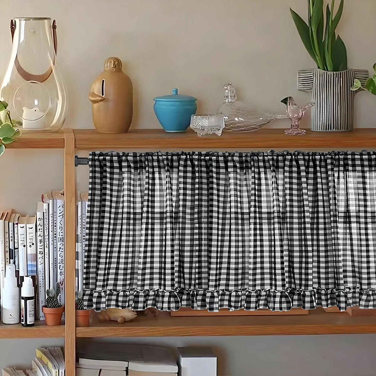 Classic Black White Plaid Ruffle Short Curtain Sheer For Kitchen Retro Tulle Drapes For Bedroom Small Window Coffee Half-curtain