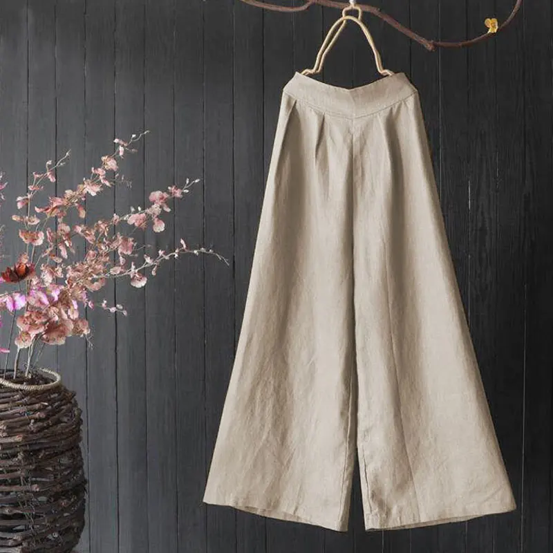 Wide Leg Loose Trousers Cotton Linen Women Elastic Waist Wide Leg Pants Casual Vintage Linen Straight