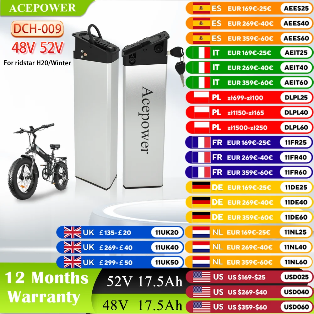 EU US Stock for Ridstar Winter Ridstar H20 Ebike Battery 48V 13Ah 16Ah 17Ah 17.5Ah Battery for Ridstar Winter H20 Folding Bike