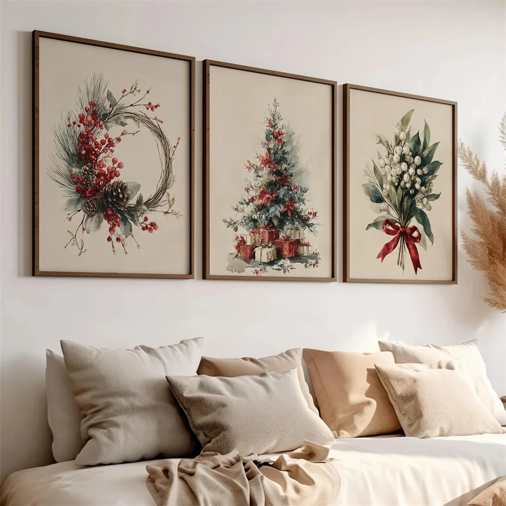 Watercolor Christmas Winter Decor Wall Art Set of 3 Poster or Canvas Print, Christmas Tree Wreath and Mistletoe Wall Art