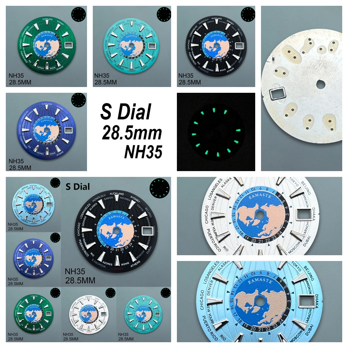 

28.5mm S Logo Dial Fit NH35/NH36/4R/7S Movement Green Luminous New High Quality World Map Watch Modification Accessories