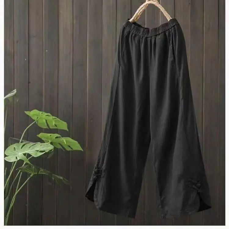 Pantalones de algodón y lino con cintura elástica para mujer, pierna ancha, cintura alta, Vintage, holgados, adelgazantes, de nueve minutos, estilo étnico