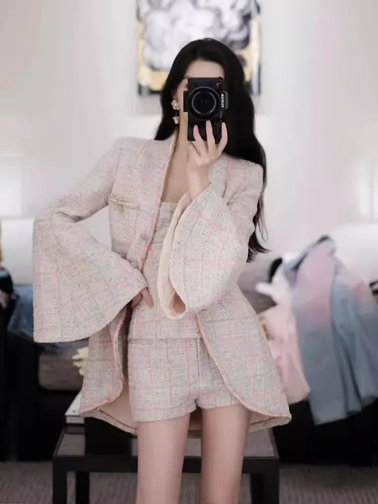 Vintage Women Stand Collar Single Breasted Flare Sleeve Mid Long Tweed Jacket Slim Fit Designer Party Plaid Twill Coat