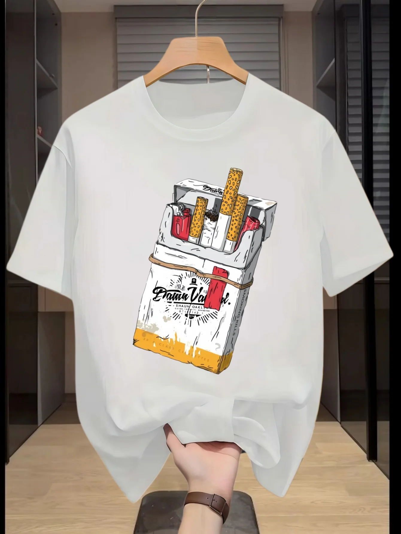 Men Retro Cigarette Pack Sketch Print T Shirt Light Cotton Short Sleeve Tee Hip Hop Street Style Daily Casual Male Summer Tops