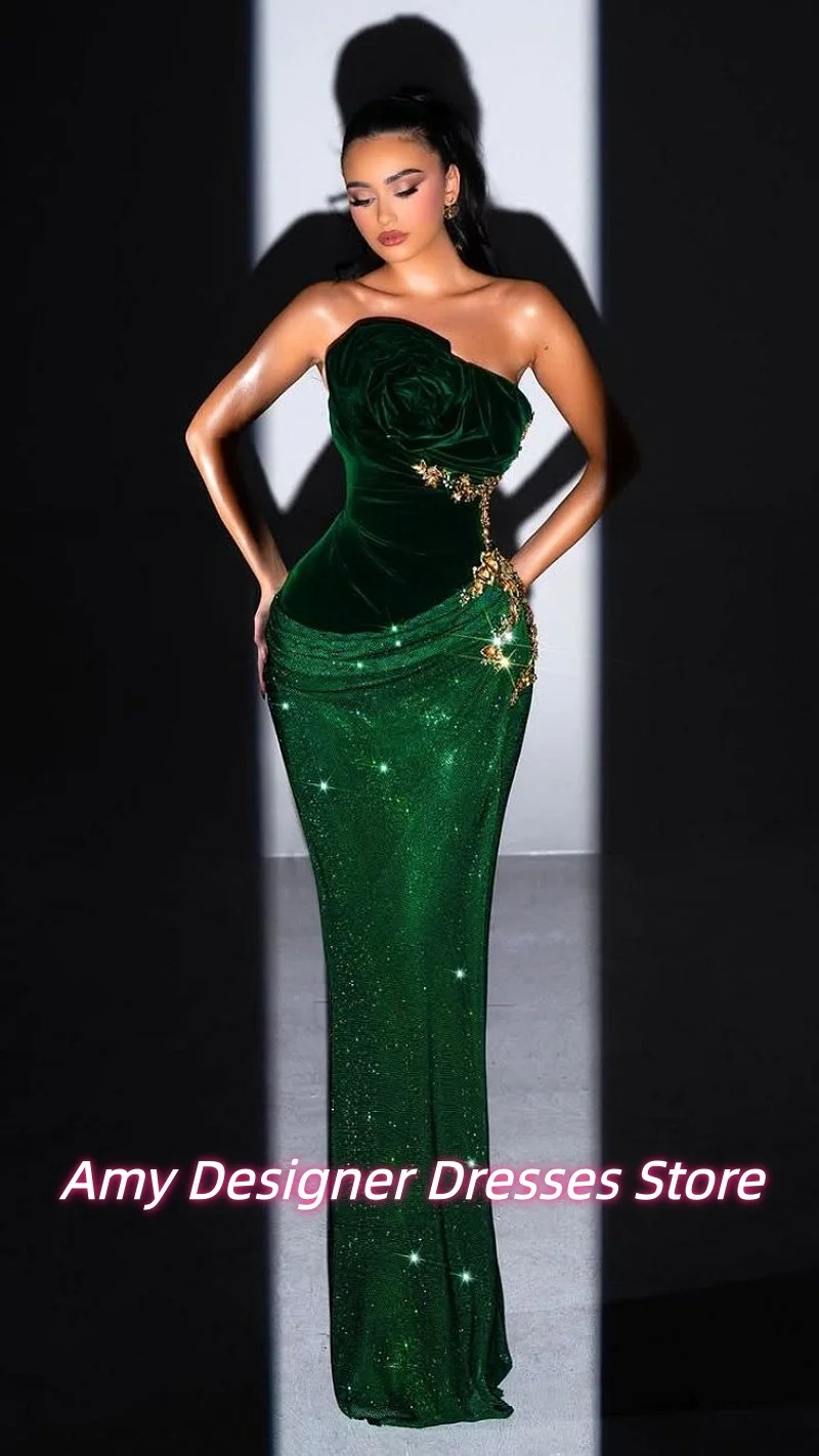 ชุดราตรีหรูหราสีมรกตแบบไร้สาย ประดับลูกปัดอย่างประณีต ผ้ากำมะหยี่ทรงเมอร์เมดยาว สำหรับงานปาร์ตี้ ผู้หญิง สั่งตัดได้ ชุดราตรีงานพรอมปี 2025