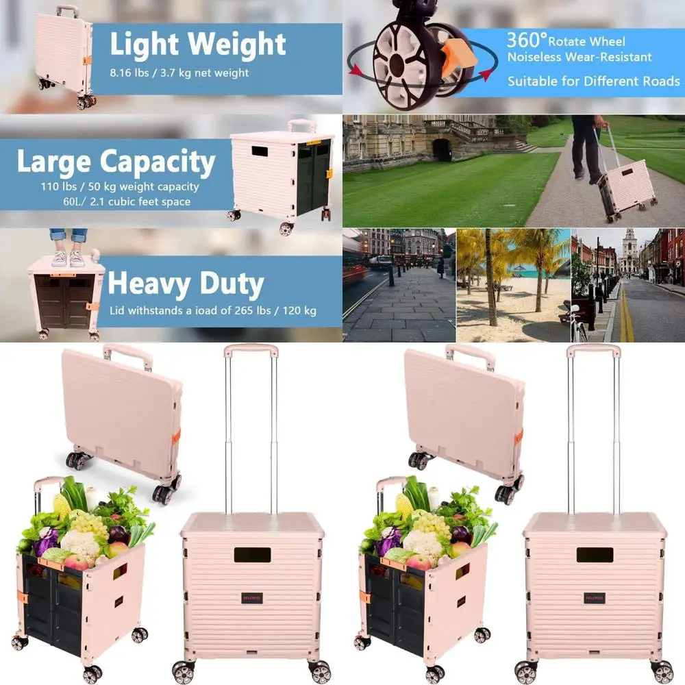 

Collapsible Rolling Utility Cart with 4 Swivel Wheels, Telescoping Handle for Shopping, Moving, and Storage