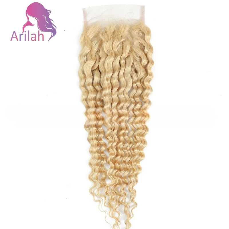 613 Deep Wave 4x4 Human Hair Blonde Closure Pre Plucked Brazilian Remy 4x4 Deep Wave Curly Human Hair Lace Closure