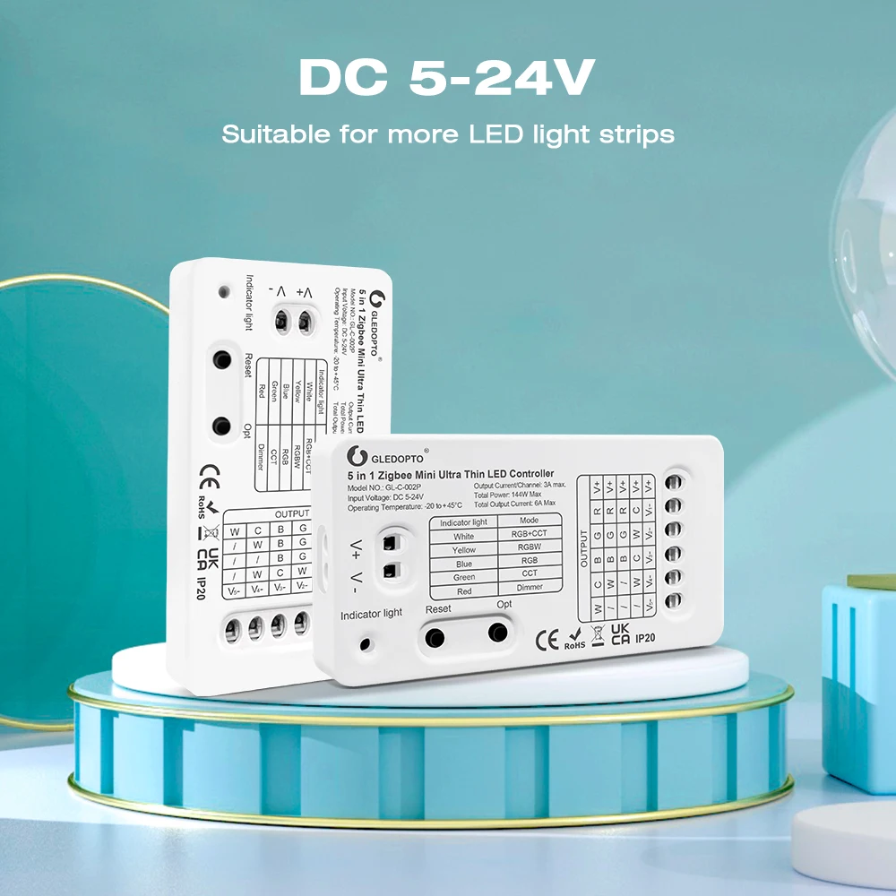 Gledopto Zigbee Mini 5 in 1 LED ControllerRGBCCT/RGBW/RGB/WWCW/Dimmer DC5-24V Super Thin Smart APP/Voice/RF Remote Control