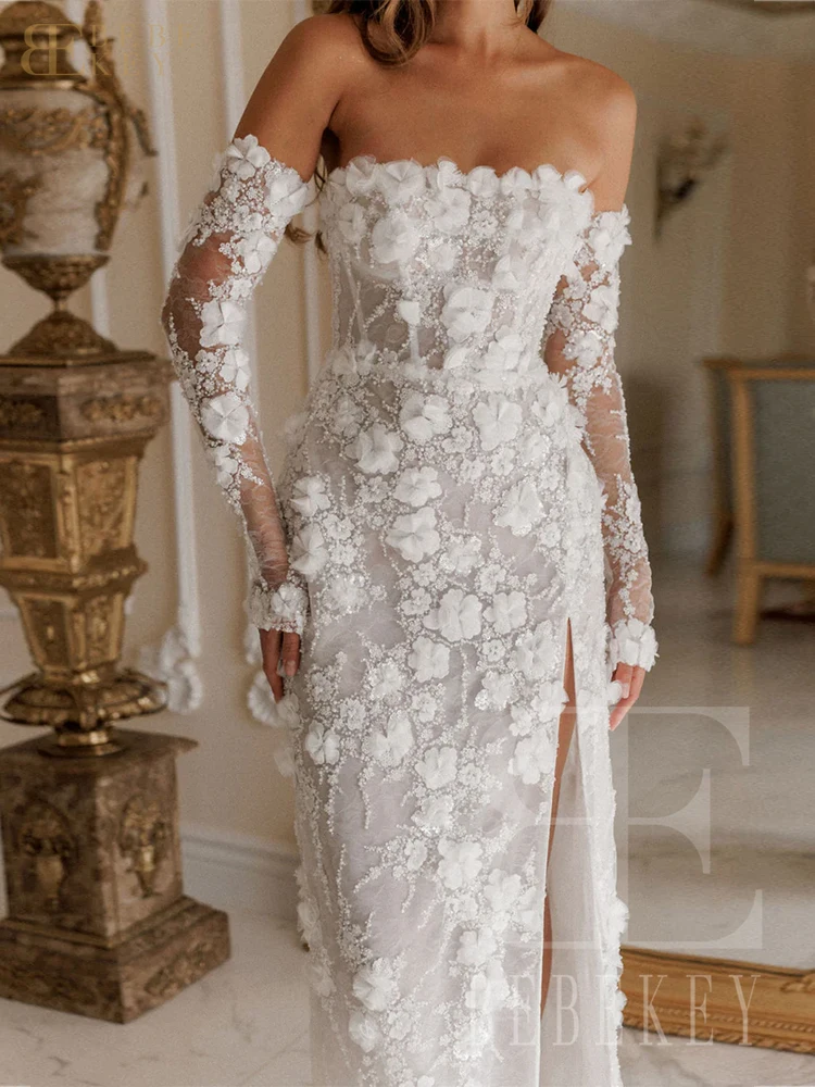 Bebekey vestido de noite branco de luxo personalizado com flor frisada 3d dubai feminino vestidos de festa de casamento elegante vestido de baile robe