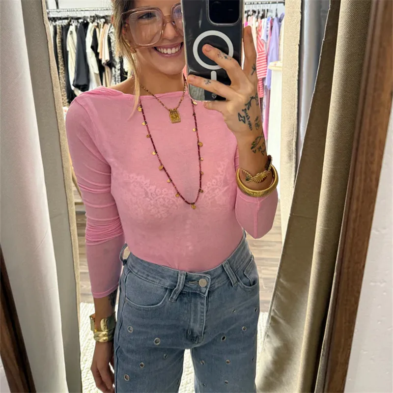 قميص نسائي أنيق مفتوح الظهر بأكمام طويلة بدون ظهر ورقبة قارب بلوزة للخروج ملابس Y2k بلوزة جمالية منخفضة الظهر