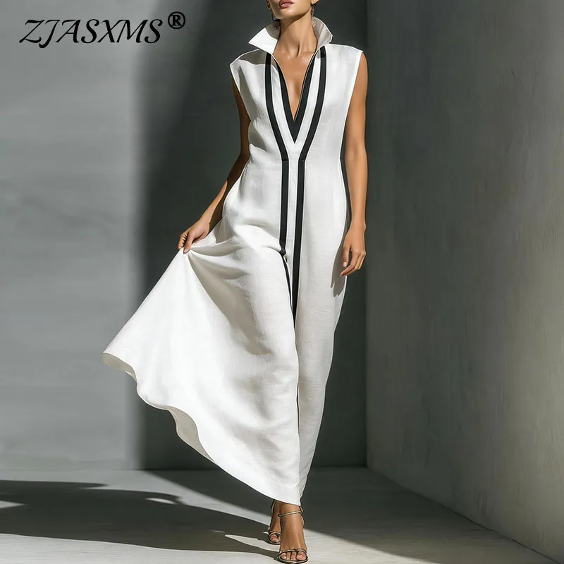 

Новое летнее женское платье 2026 года: элегантное, с V-образным вырезом, контрастными полосами, приталенное, А-силуэт, длинное, без рукавов, для отпуска и пляжа