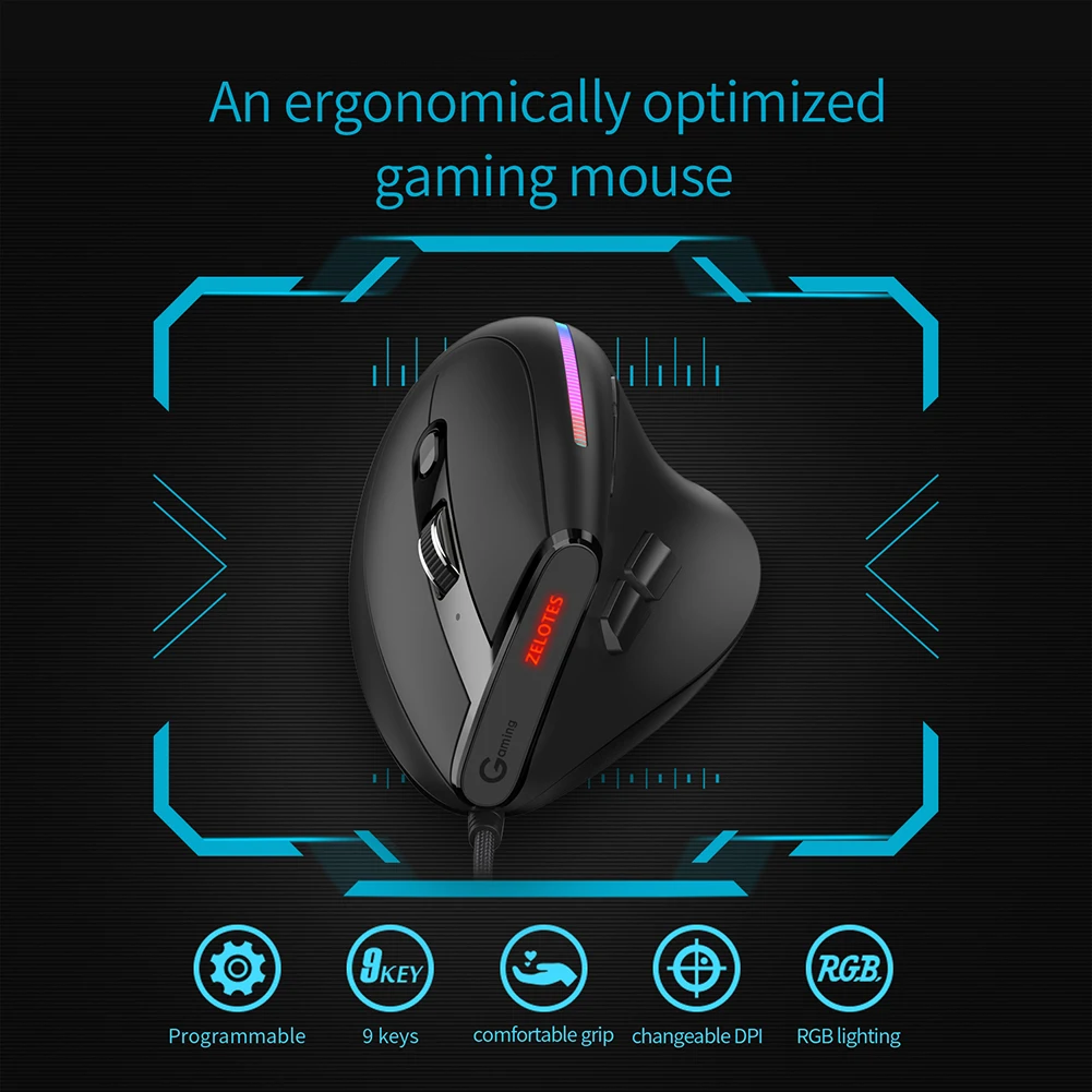 

ZELOTES 9 Buttons T-50 Wired Vertical RGB Gaming Mouse Ergonomic RGB Gaming Optical Mouse 12800 DPI Adjustable for PC Computer