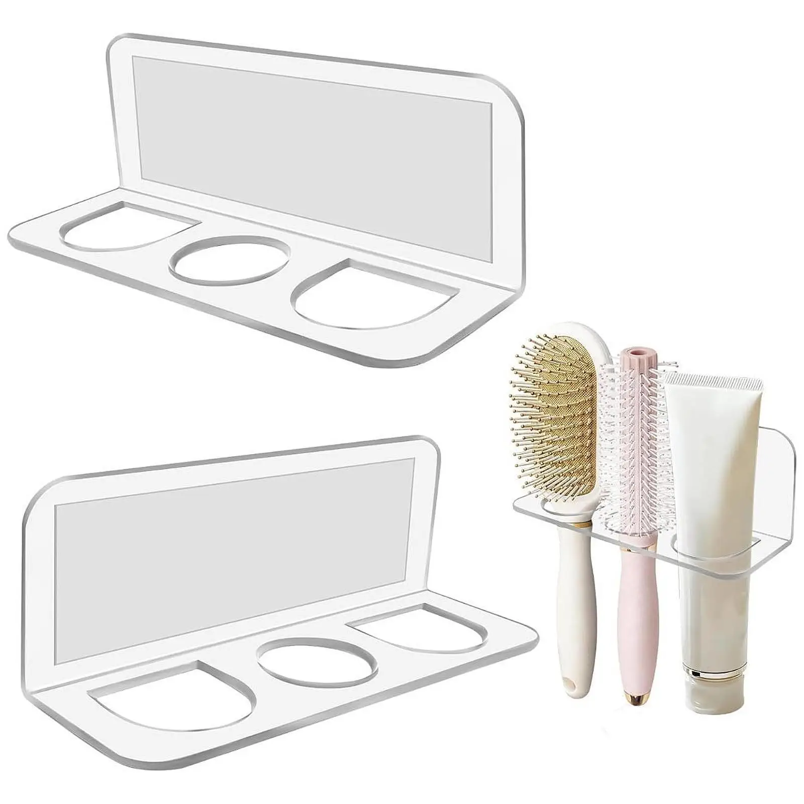 2 Pieces Hair Brush Holder Wall Mounted No Punching Float Shelves Anti Slip Storage Rack for Combs Brushes Hair Tools