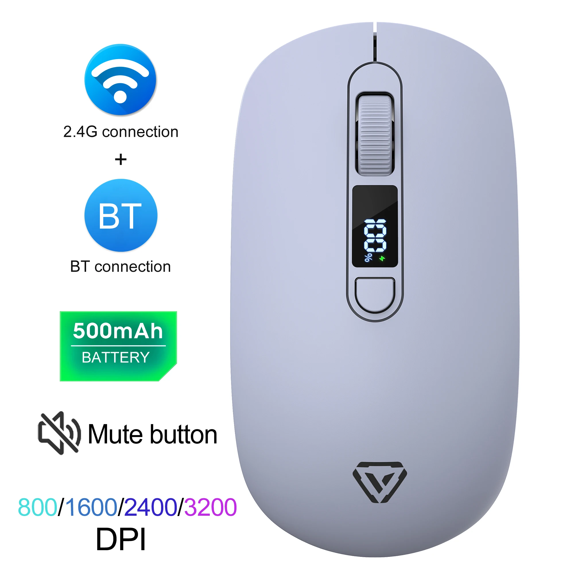 2.4G Wireless Bluetooth Mouse Mute Button 3200DPI  500mAh Large Battery Notebook  Mouse Screen Display Battery Level