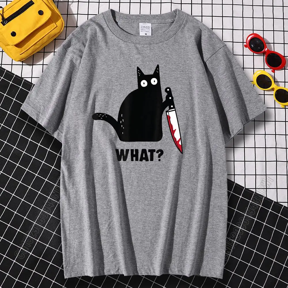 Cat What T Shirt Murderous Cat With Knife Funny Halloween Gift Cotton High Quality Men\'s Oversized Novelty T-Shirt Women Tee