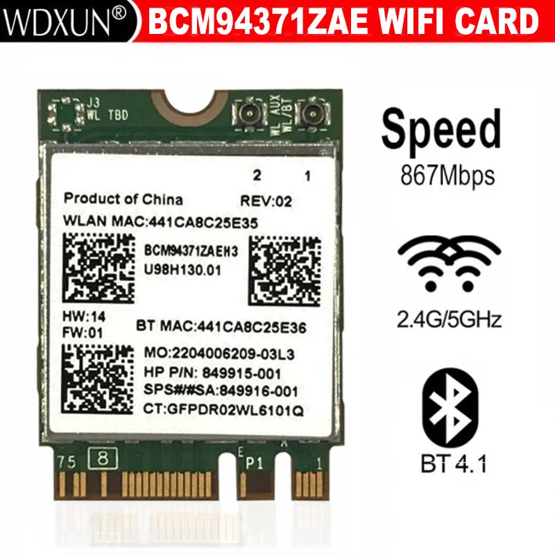 Broadcom BCM94371ZAE BCM94371 BCM4371 802.11 AC NGFF M2 867Mbps WiFi และ Bluetooth 4.1 Combo SPS 843549-001ไร้สายการ์ดเครือข่าย