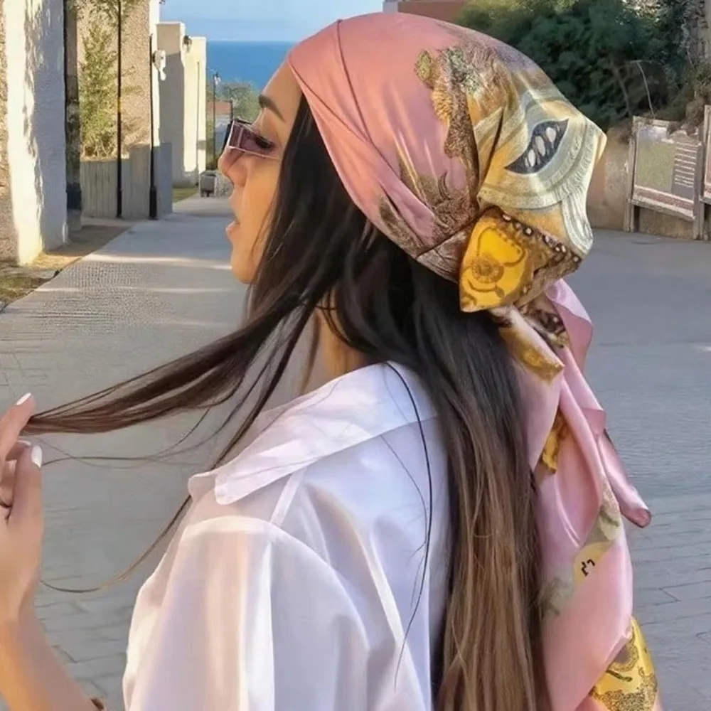 

Fashionable Floral Print Square Silk Scarf Soft All-match Hair Bandana Colorful Polyester Satin Scarf Hijab Women