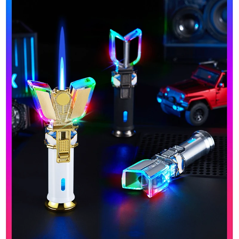 Neuartiges und kreatives, leuchtendes, winddichtes Feuerzeug, wiederaufladbares Butanfeuerzeug mit LED-Blitz, Geschenk für Männer, Zigarettenzubehör