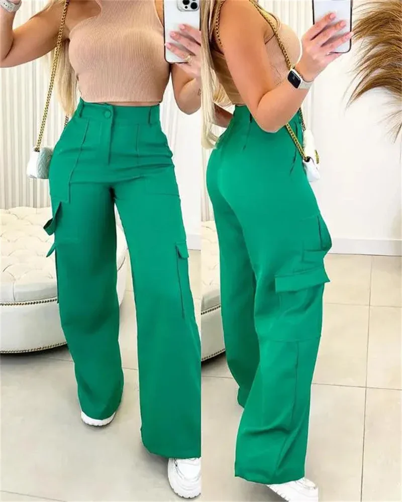 

High Waisted Cargo Pants for Women Green Wide Leg Pocket Design Wide Solid Summer New 2023 Temperament Women's Clothing