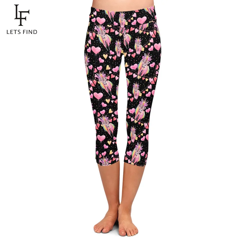 

LETSFIND 220gsm Double Side Brushed Milk Silk Print Women Capri Leggings Unicorns and Balloon Print High Waist Legging