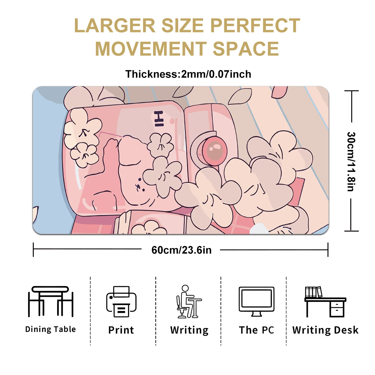1pc Pink Flowers Bear And Glassbottle Mouse Pad Multi-Size Non-Slip Stitched Edge Computer Keyboard Desk Mat For Office And Gift