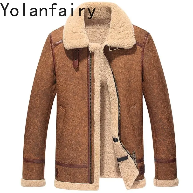 YOLANFAIRY معطف الفرو الطبيعي رجل شتاء دافئ الأغنام الحقيقية شيرلينغ الستر الرجال سترة جلدية حقيقية عادية Abrigo Piel Hombre