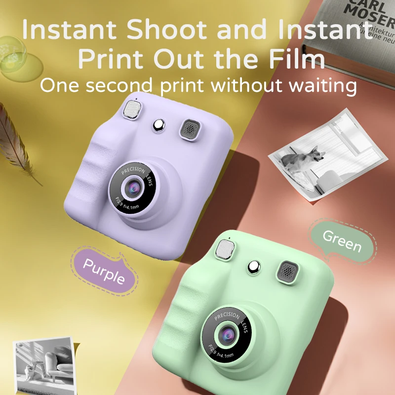 Mini appareil photo numérique violet pour enfants, jeux d'imprimante instantanée inclus, cadeau mignon pour garçons et filles de 4 à 12 ans, cadeau de noël