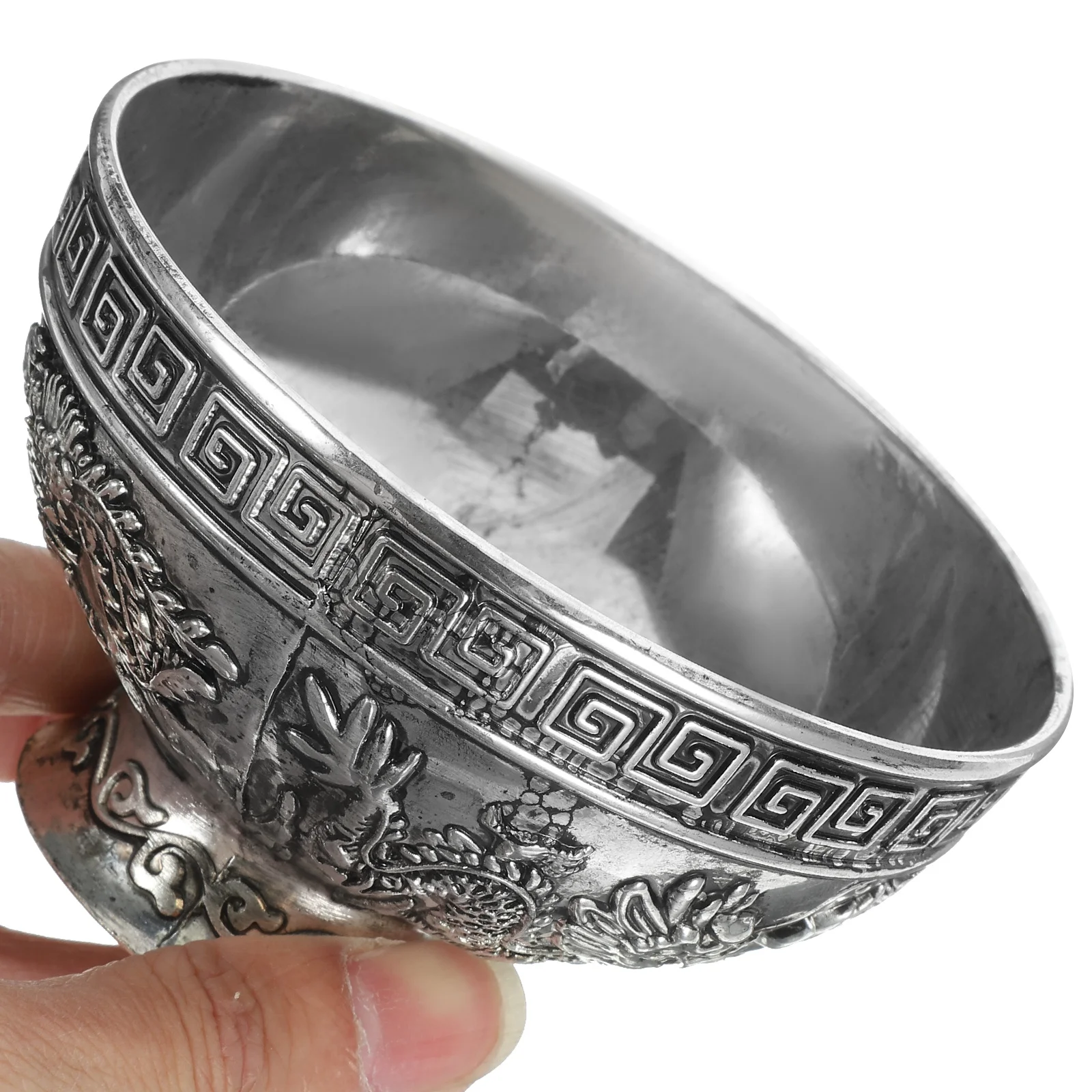 

Dragon Phoenix Offering Bowl Tibetan Metal Silver Water Offering Cup for Buddhist Worship Meditation and Home Altar