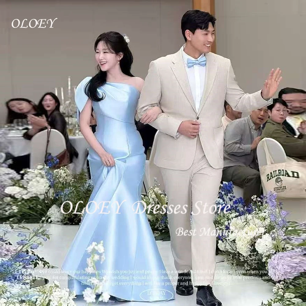 

OLOEY Blue One Shoulder Korea Photo Shoot Matte Satin Strapless Mermaid Wedding Party Dresses Floor Length Prom Gown Customised