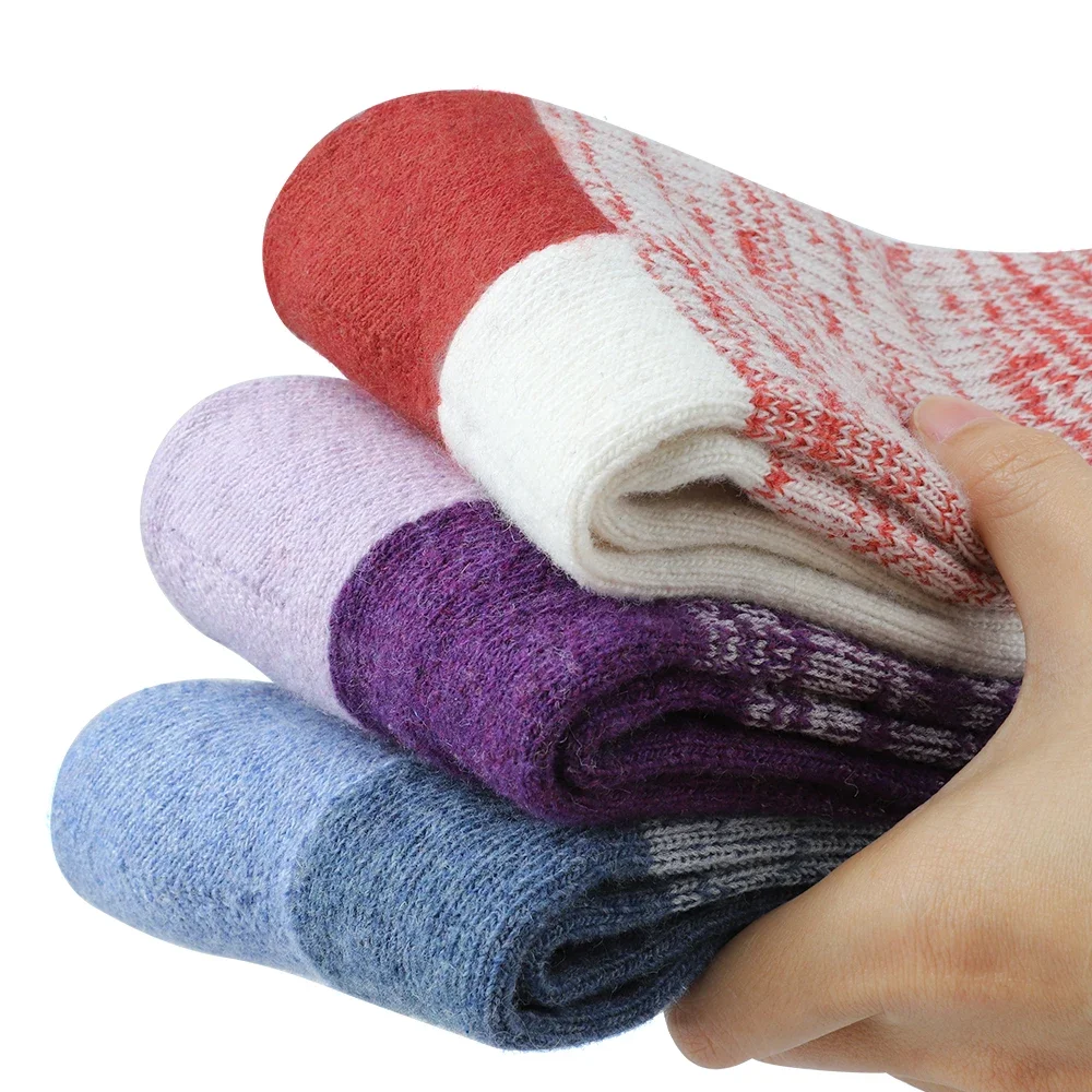 5Pairs Women Vintage Color Block Thermal Winter Socks Shock Absorbing Anti-wear Mid Calf Sock Outdoor Trekking Casual Work Sock