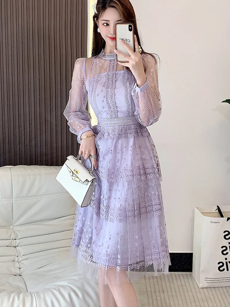 SMTHMA New Spring Purple Lace Patchwork Mesh Embroidery Dress For Women Long Sleeve Round Neck Design Runway Dresses Vestidos