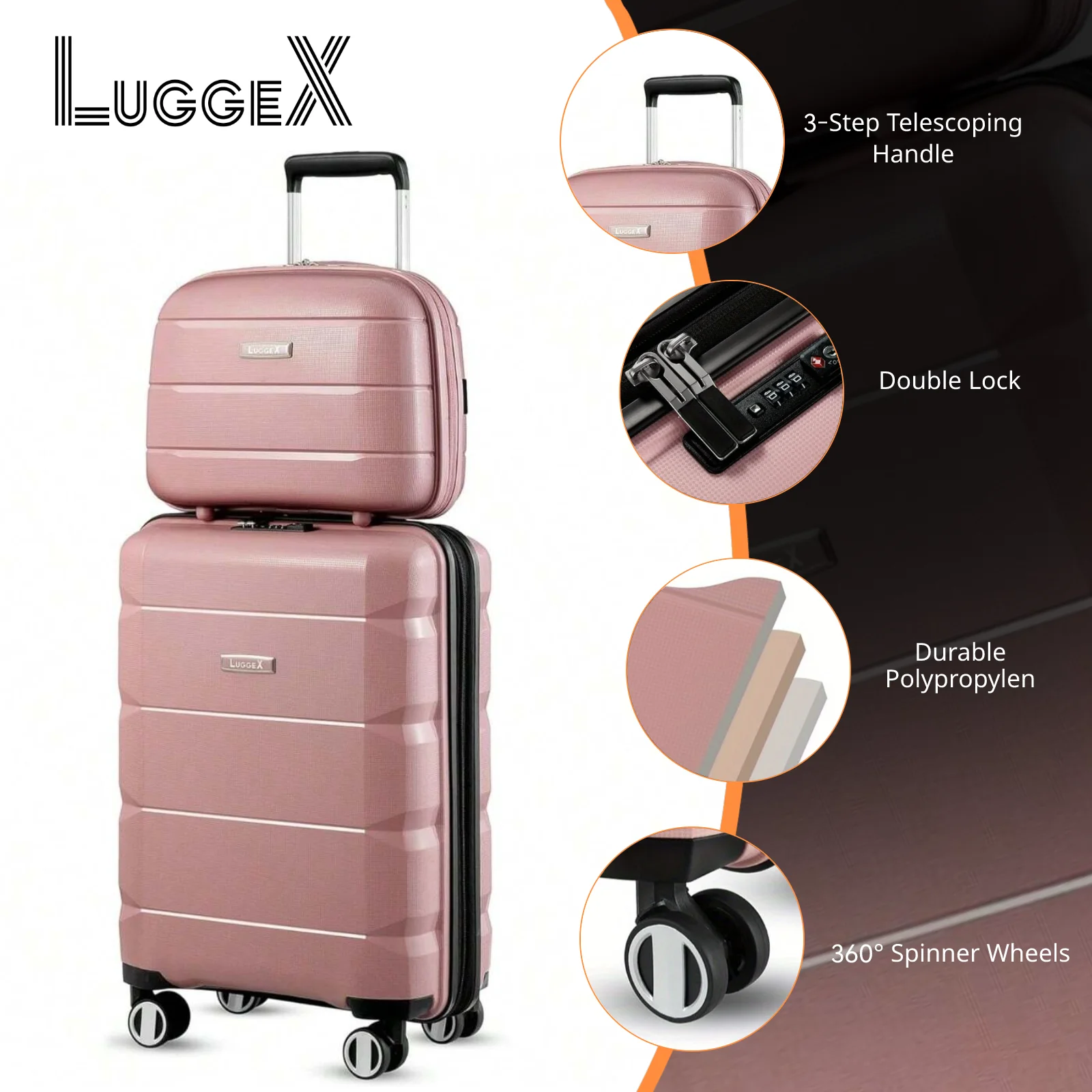 2pcs LUGGEX Carry on Luggage with Spinner Wheels, Lightweight Suitcase 2 Piece, Expandable (Pink, 14/20)