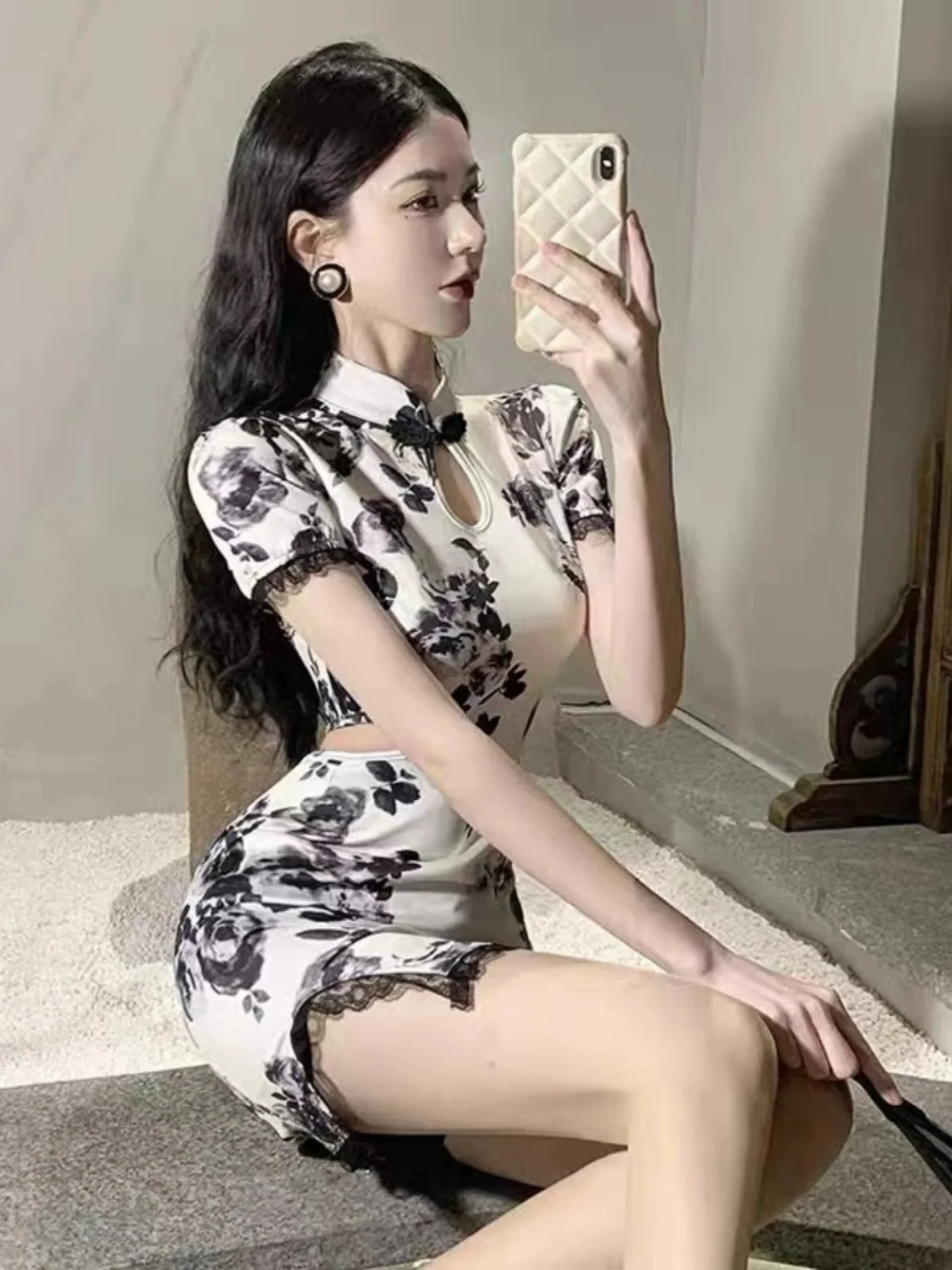กระโปรงทรงบอดี้คอนเอวต่ำสไตล์จีนย้อนยุคแต่งลูกไม้สำหรับผู้หญิงช่วงฤดูร้อน
