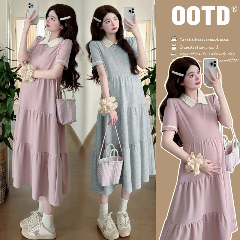 

Pregnancy Dress Summer New Arrival Polo Collar Short Sleeve Tunic Dress Flattering Belly Coverage Chic Comfortable Wear