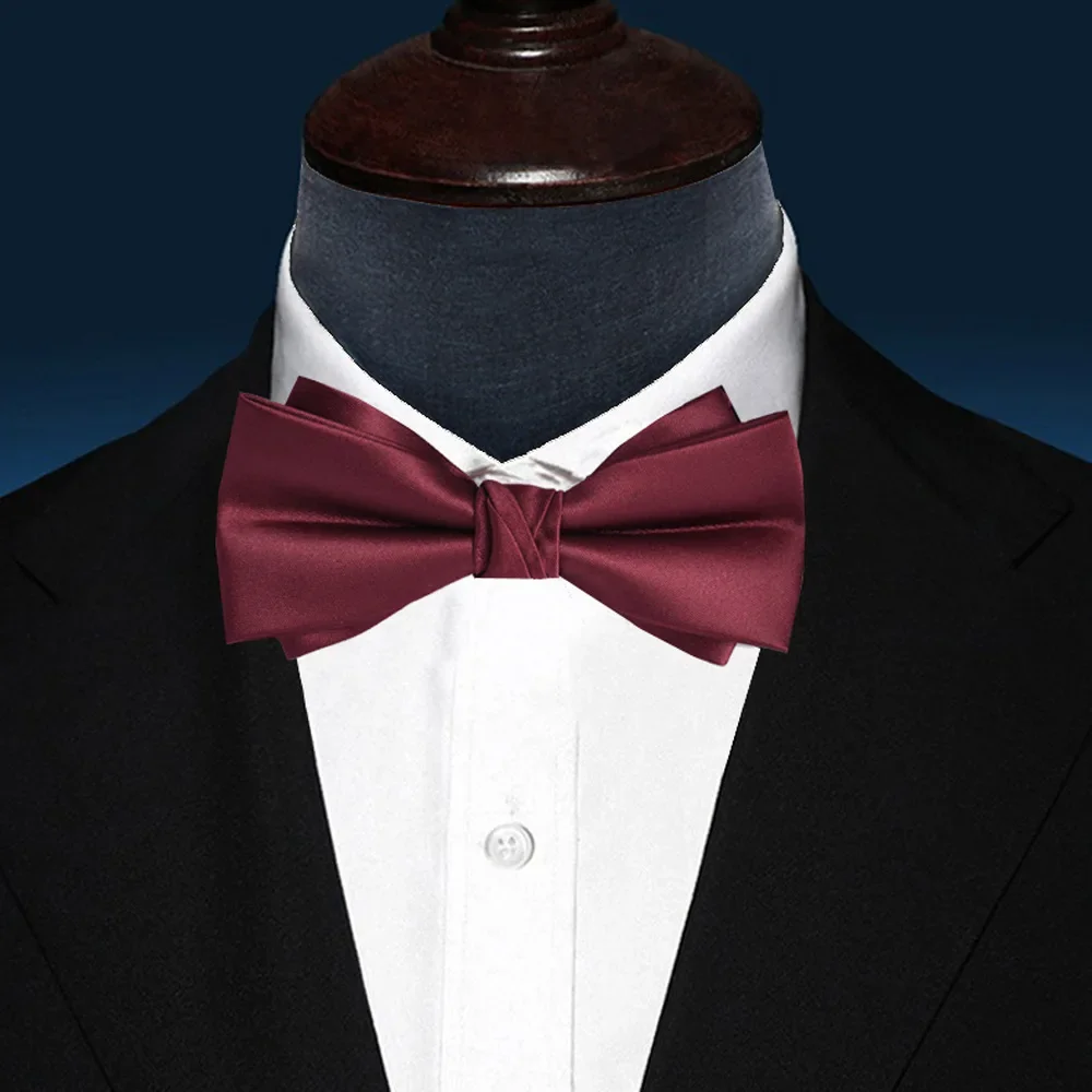 Bow tie neckwear men's satin fabric monochrome groom wedding wine red plain color wedding reception split-level new model