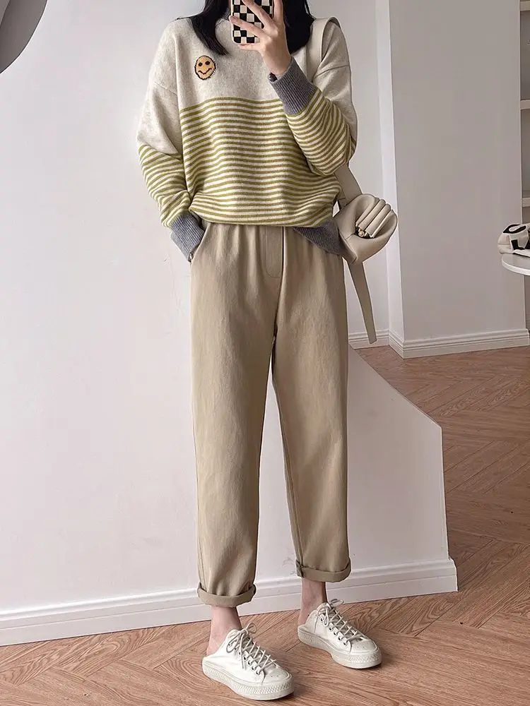 Early Autumn Casual Work Pants for Women Made of Pure Cotton with Elastic Waistband Loose Fitting Straight Leg Haren Pants