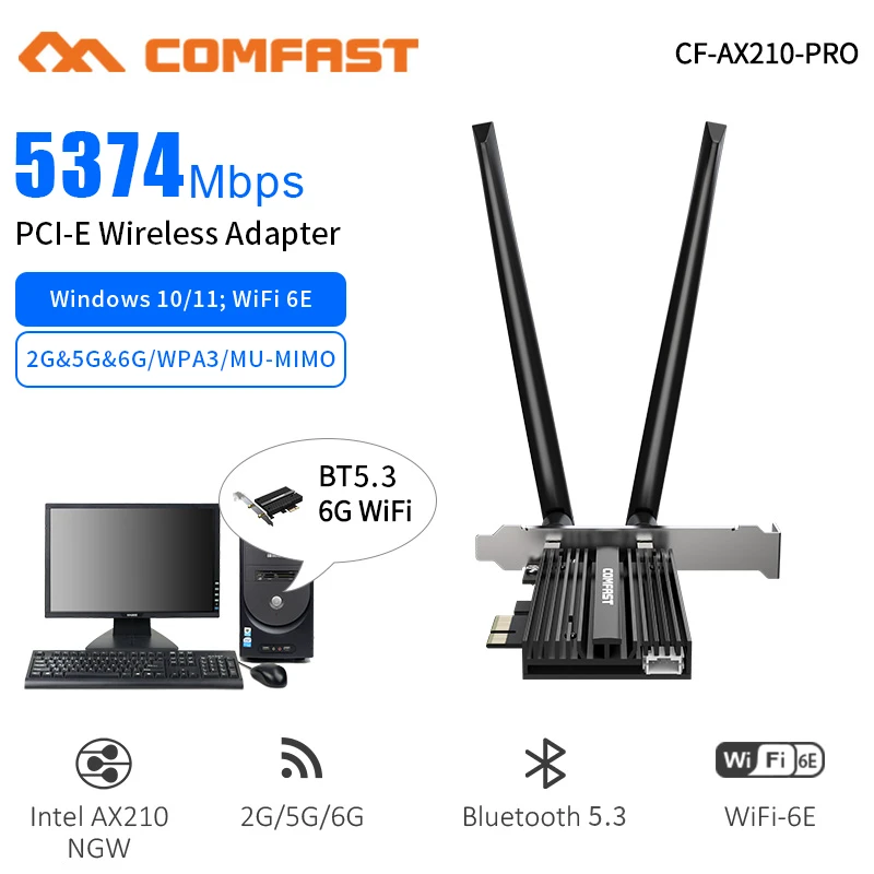 

5374Mbps /3000Mbps WiFi6E AX210 Wireless PCIE Adapter Bluetooth 5.3 2.4G/5GHz/6GHz Network WiFi Card 802.11AX/AC For Win 10/11