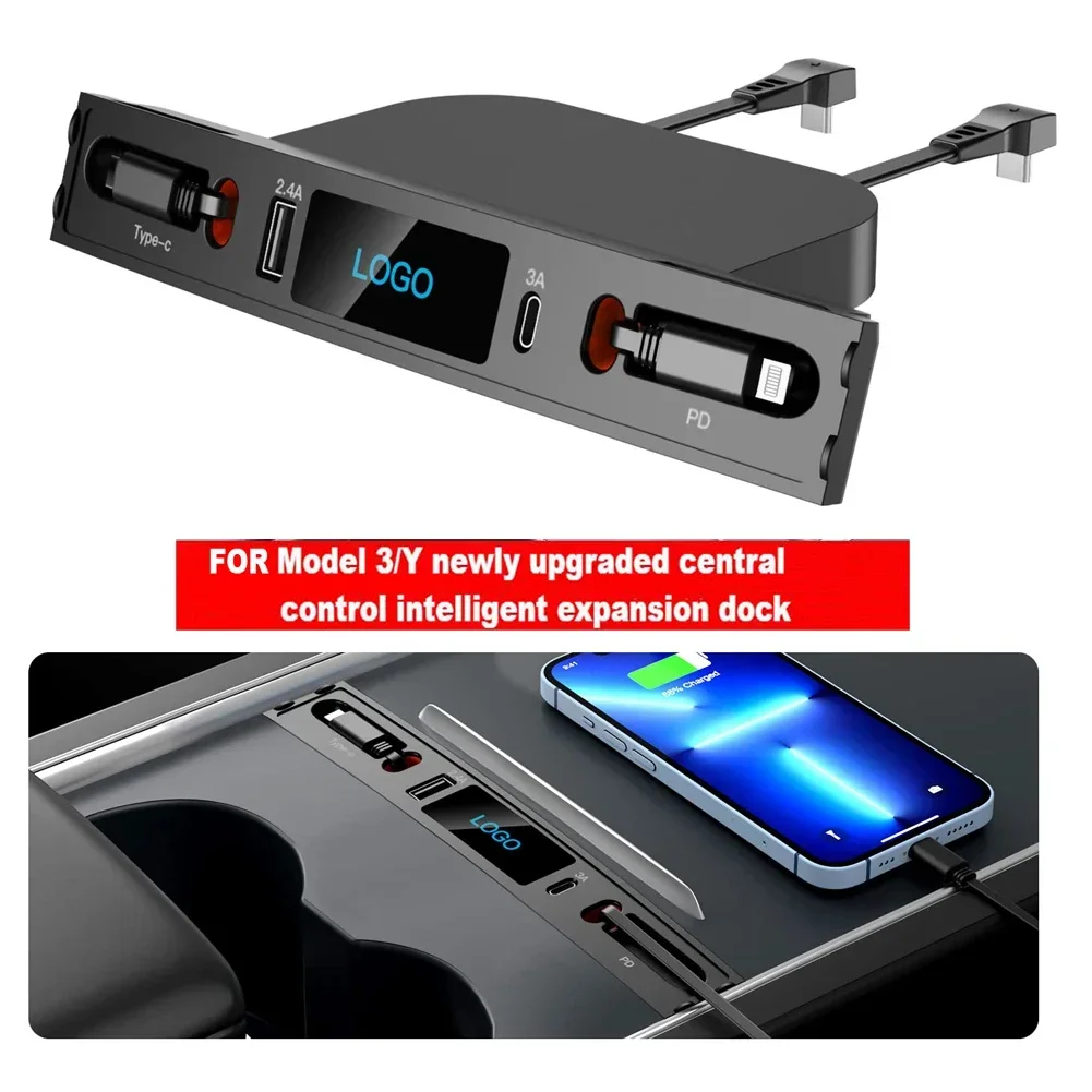 

For Tesla Model 3 Y Docking Station 27W Quick Charger USB LED Shunt Hub Extension Center Console 4 Ports Smart Sensor 2023