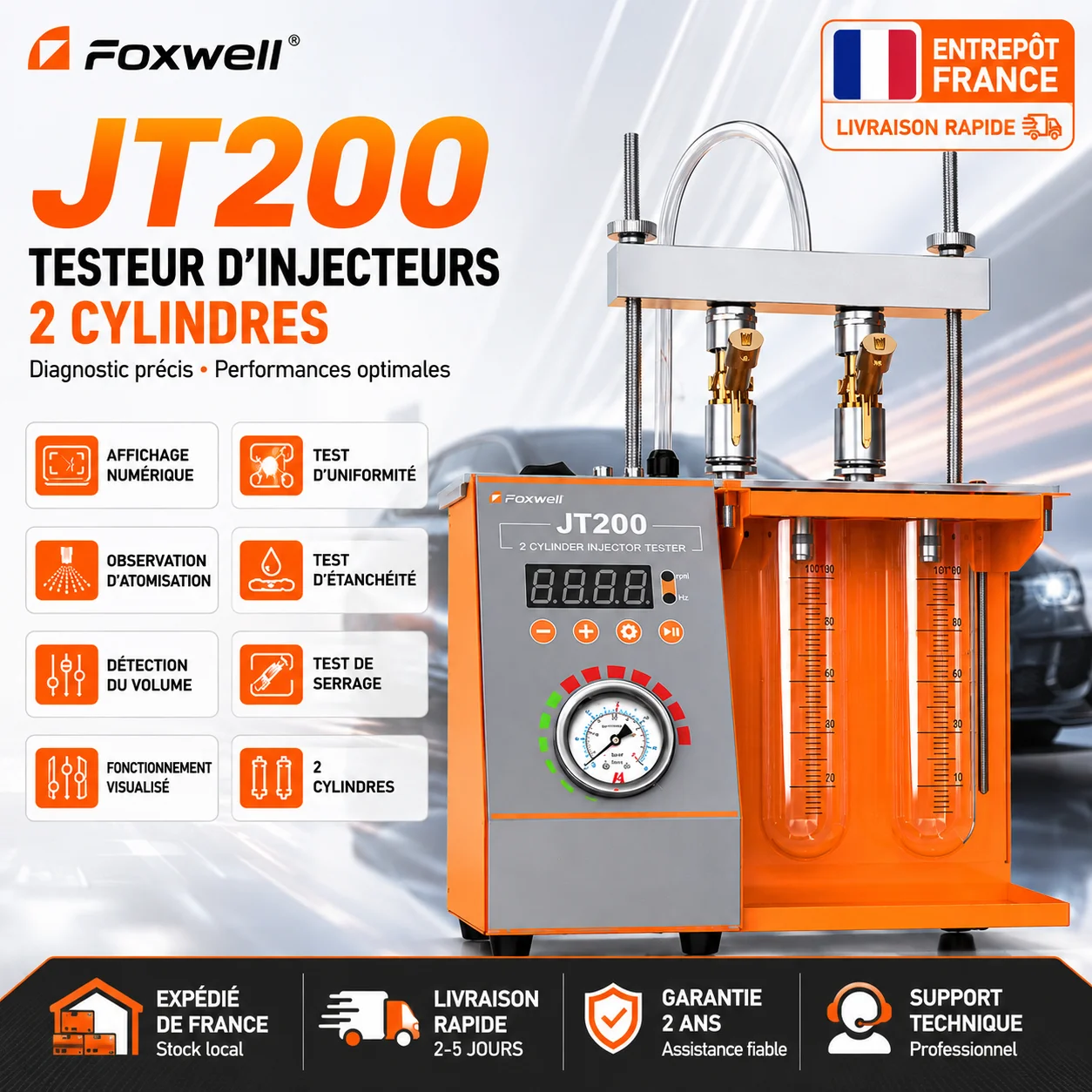 FOXWELL Testeur d'Injecteurs 2 Canaux 12V Nettoyeur d'Injecteurs Essence Auto Moto Machine de Test d'Injection de Carburant Outil de Diagnostic Garantie 2 Ans Expédition France
