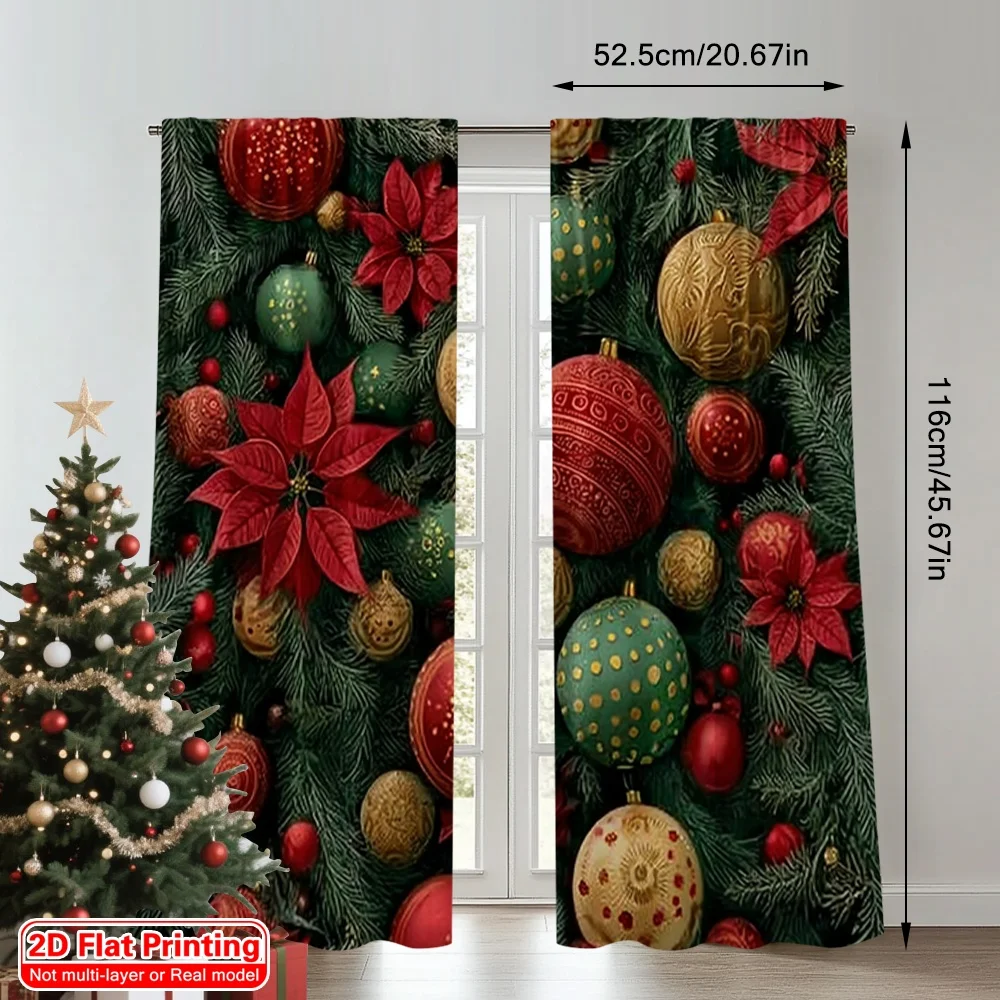 2pcs 2D flat printing Fashionable Christmas curtains Christmas decorations pine branch elements Digital Printed Polyester Drapes