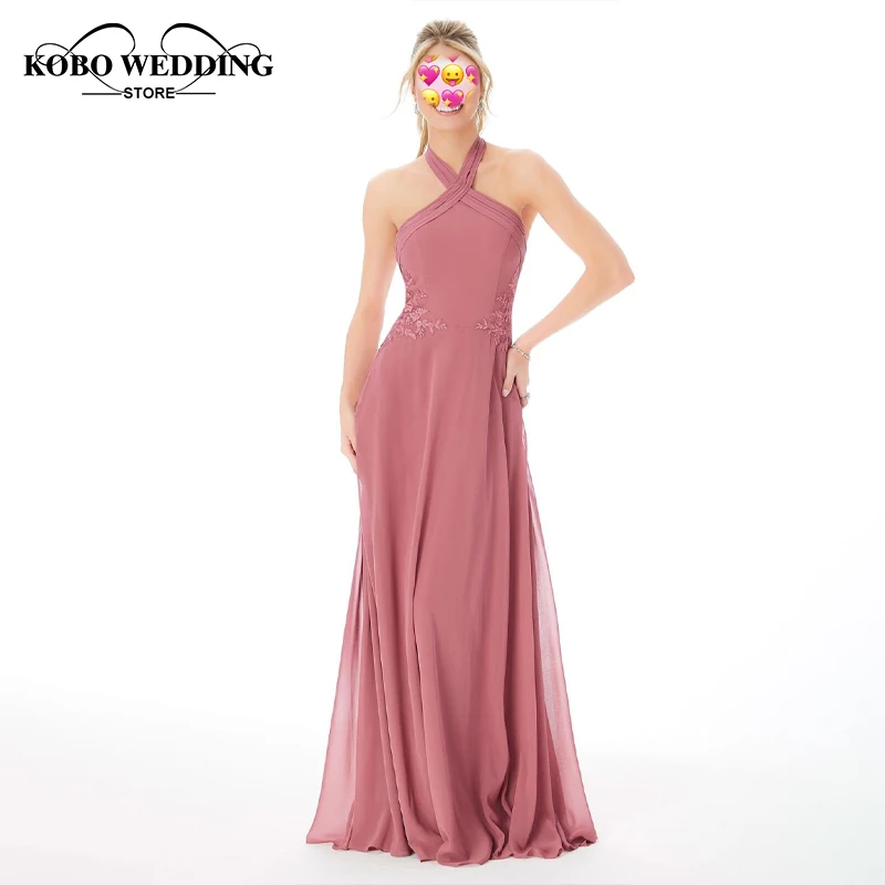 Vestidos de dama de honor de Color Coral, línea A, Halter, gasa, apliques elegantes, vestidos de invitados de boda, Sexy, vestidos de celebridades sin espalda